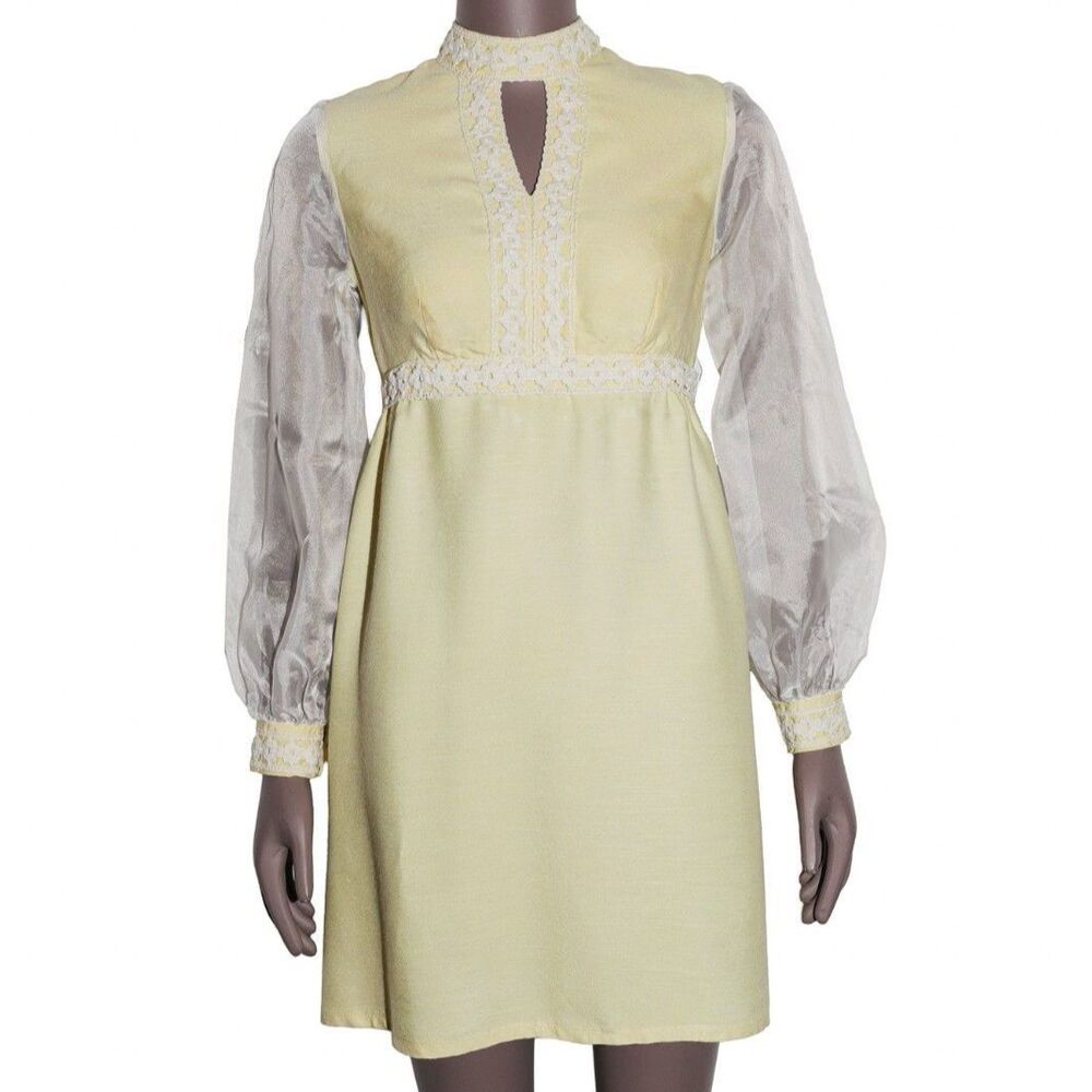 Vintage 70s Babydoll Short Dress‎ Long Puff Sleeve Size Small